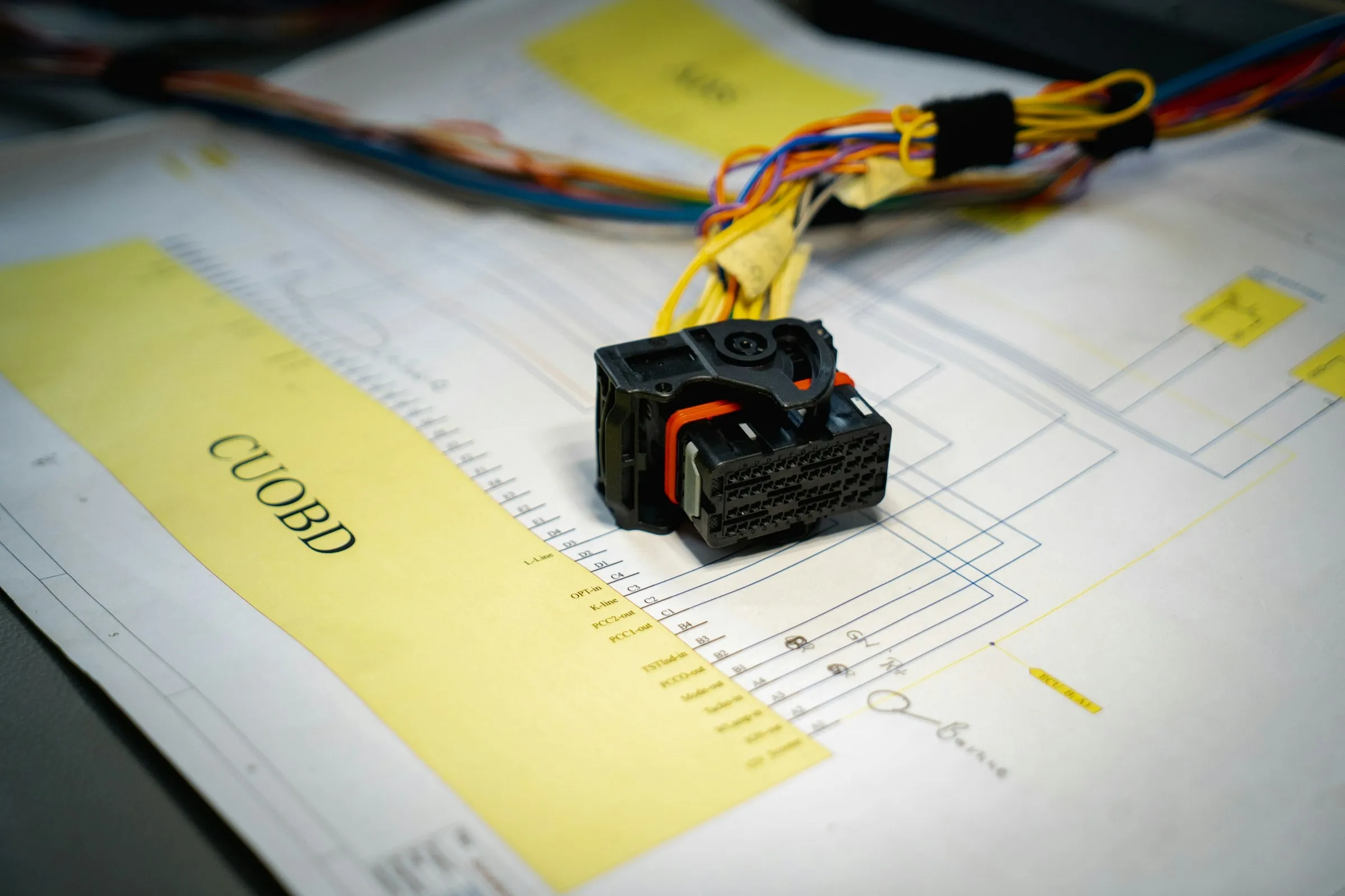 Automotive wiring connector resting on a circuit schematic